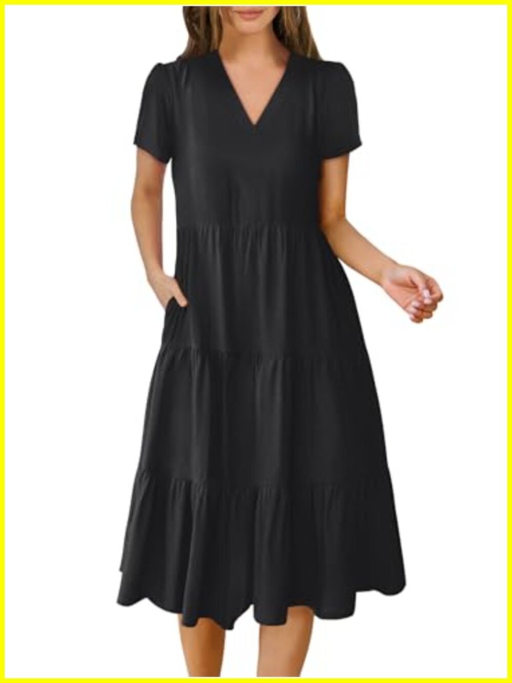 Women's V-Neck Smocked Midi Dress Tiered A-Line Short Sleeve Casual Flowy Beach